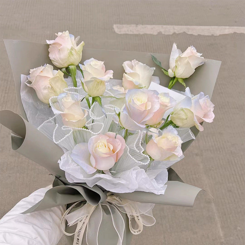 Elegant pearl pleated gauze flower bouquet packaging for sophisticated floral gifts and premium arrangements.