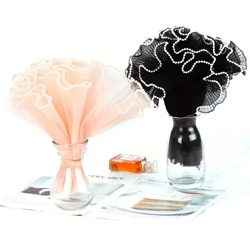 Elegant pearl pleated gauze flower bouquet packaging for sophisticated floral gifts and premium arrangements.