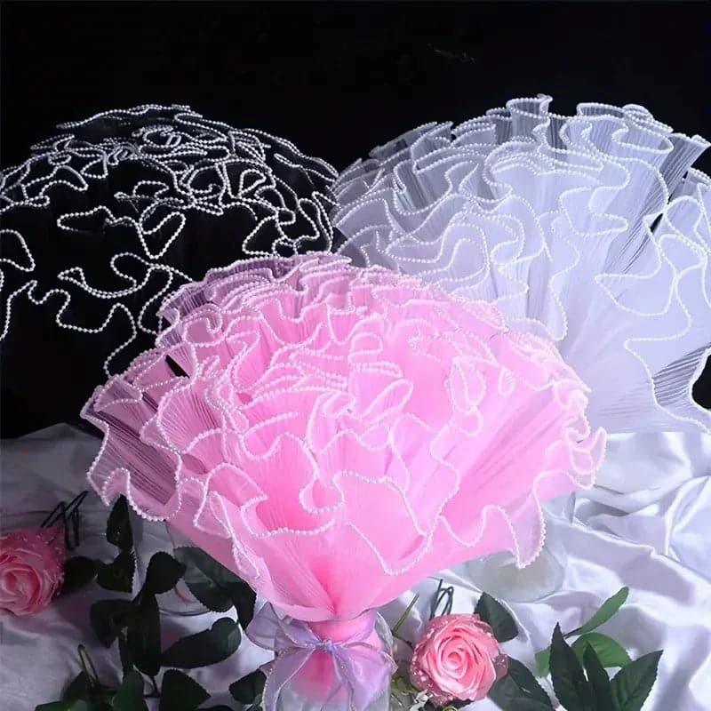 Elegant pearl pleated gauze flower bouquet packaging for sophisticated floral gifts and premium arrangements.