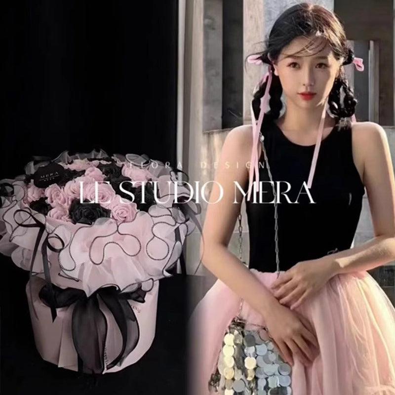 New Ballet Style Pink Black Edge Fluffy Gauze Belt - Huayi Flower Wraps